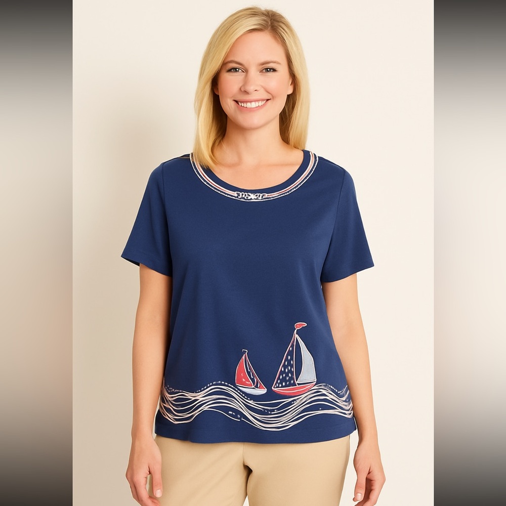 Alfred Dunner Nautical Sailboat Tee Shirt Large Blue Short Sleeve Chain Neckline
